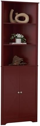 Kings Brand Tall Wooden Corner Cabinet with 2 Doors and 5 Shelves Red