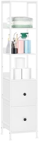 NOVIMANGO White Bathroom Storage Cabinet with 5-Tier Shelves and Fabric Drawers