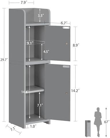 FIONESO Small Bathroom Storage Cabinet with Doors and Adjustable Shelves Grey