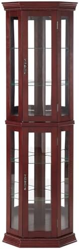 Cherry Lighted Corner Curio Cabinet with Glass Doors and 6 Shelves