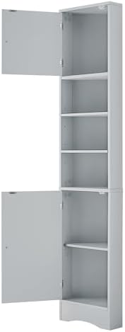 Triangle Tall Corner Storage Cabinet with 2 Doors Open and Adjustable Shelves - Grey