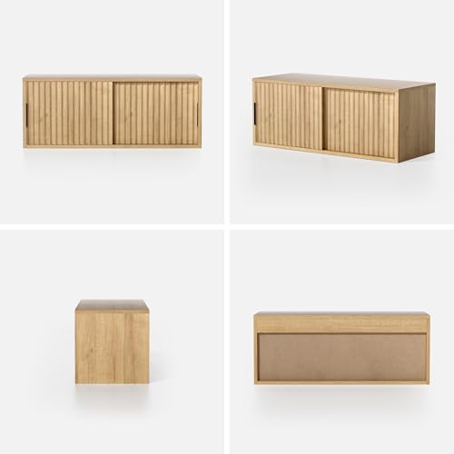Fluted Wall Cabinet with Sliding Doors Natural Oak