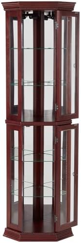 Cherry Lighted Corner Curio Cabinet with Glass Doors and 6 Shelves
