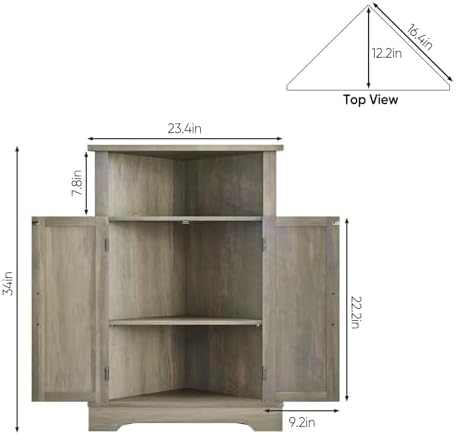 Farmhouse Corner Cabinet with Adjustable Shelves and Doors Grey