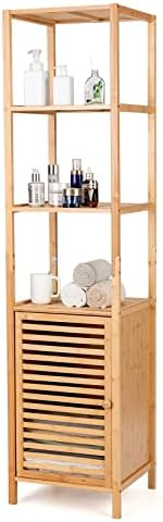 Giantex Bamboo Storage Cabinet 4-Tier Slim Shelving Unit with Shutter Door and Anti-Toppling Device