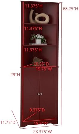 Kings Brand Tall Wooden Corner Cabinet with 2 Doors and 5 Shelves Red