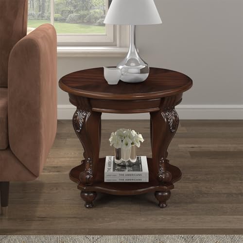 22 Inch Round End Table with Storage Shelf and Cherry Finish