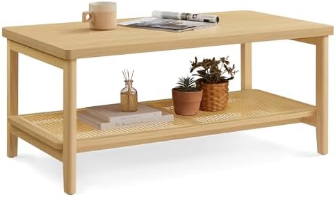 VASAGLE 2-Tier Coffee Table with PVC Rattan Storage Shelf