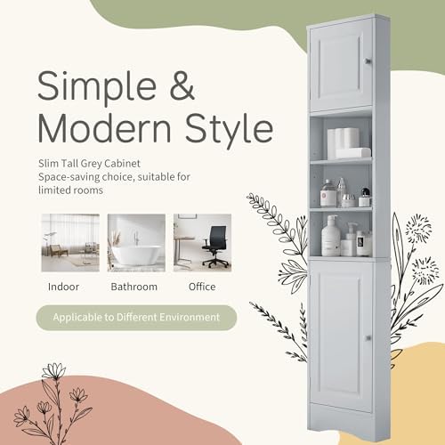 Triangle Tall Corner Storage Cabinet with 2 Doors Open and Adjustable Shelves - Grey