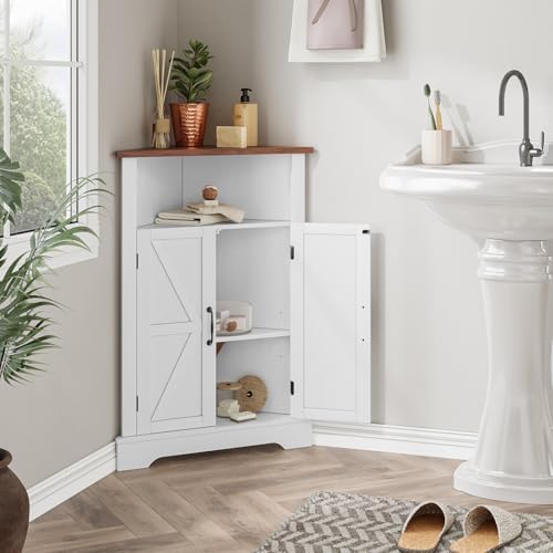 Mino Kesper Farmhouse Corner Cabinet with Adjustable Shelves White