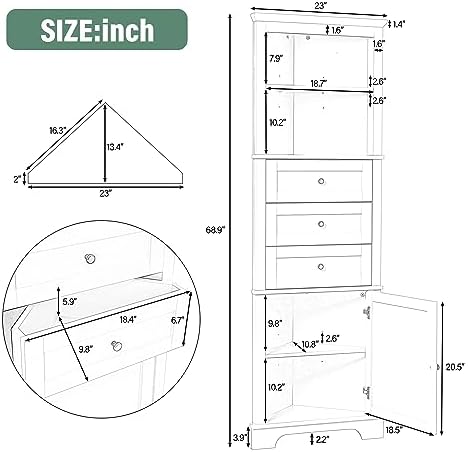 689 Inch Tall Triangle Corner Cabinet with 3 Drawers and Adjustable Shelf Freestanding Storage Cabinet White