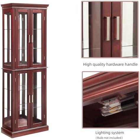 Tall Storage Cabinet with Adjustable Shelves and Lighted Glass Display