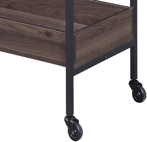 Walnut and Black Serving Cart with Two Shelves and Cup Holder