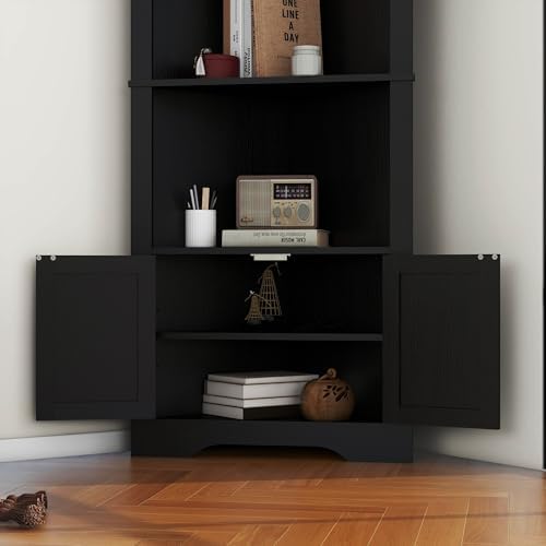 Panana Tall Corner Cabinet with Barn Doors and Adjustable Shelves Black