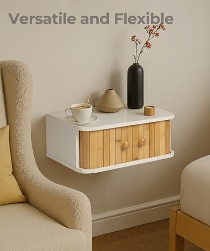 SUMGAR Floating Nightstand White Bedside Table Modern Boho Organizer Small Spaces Wall Mounted Storage with Drawers
