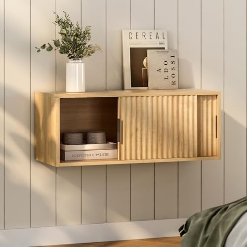 Fluted Wall Cabinet with Sliding Doors Natural Oak