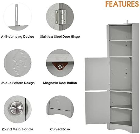 Tall Triangle Bathroom Cabinet with Doors and Adjustable Shelves Grey
