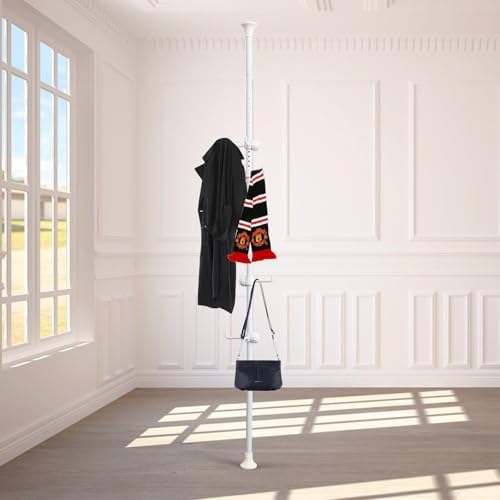 Freestanding Coat Rack with 12 Hooks and Adjustable Tension Rod White