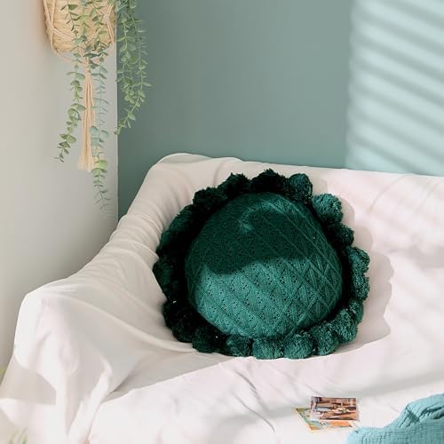 Acrylic Knitted Throw Pillow with Pom Poms Dark Green 18 Inches Diameter