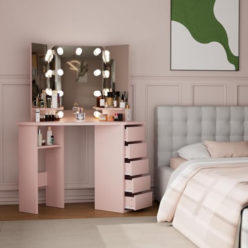Likein Corner Vanity Desk with Mirror and Lights