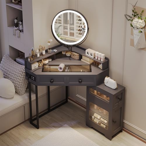 Modern Corner Vanity Desk with Mirror Lights and Storage