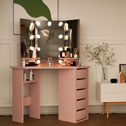 Likein Corner Vanity Desk with Mirror and Lights