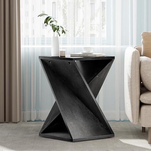 COZAYH Farmhouse End Table Square Solid Wood Pedestal Side Table Rustic Plant Stand with Twisted Design Black