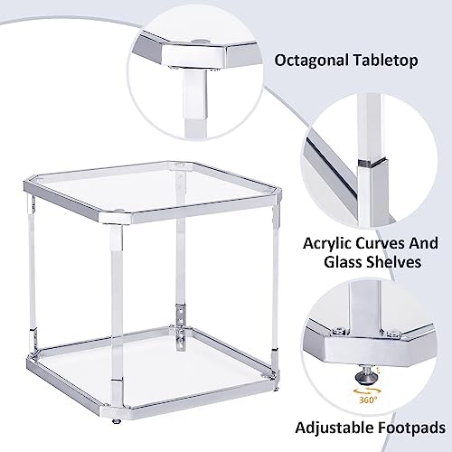 Silver Square Glass Top Side Table - Modern Nightstand for Living Room and Bedroom
