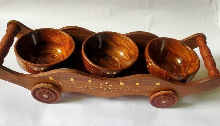 Decorative Wooden Serving Trolley with 3 Bowls