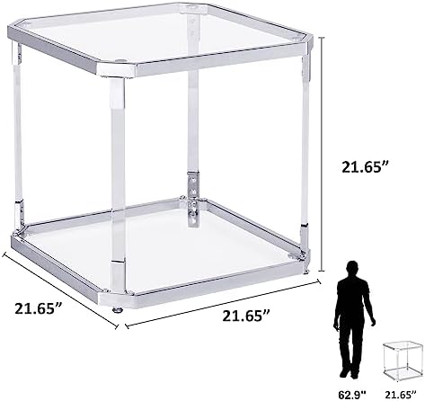 Silver Square Glass Top Side Table - Modern Nightstand for Living Room and Bedroom
