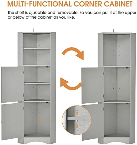Tall Triangle Bathroom Cabinet with Doors and Adjustable Shelves Grey