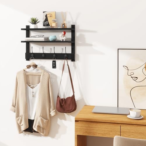 Homode 2 Tier Wall Shelf with Hooks Coat Rack