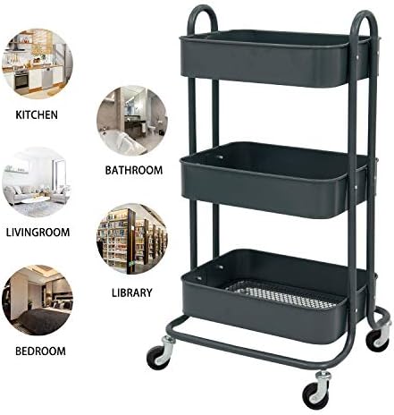 Wonline 3-Tier Metal Rolling Storage Cart with Locking Casters Grey