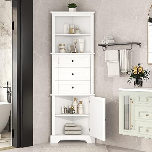 689 Inch Tall Triangle Corner Cabinet with 3 Drawers and Adjustable Shelf Freestanding Storage Cabinet White