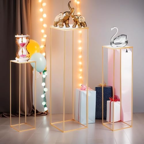 3PCS Square Gold Metal Cylinder Pedestal Stand for Party Decorations