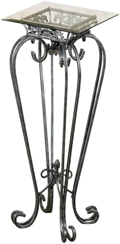 Touch of Class Chalcedony Metal Scroll Pedestal Table - Beveled Glass - Antique Pewter - Square Top - Elegant Accent