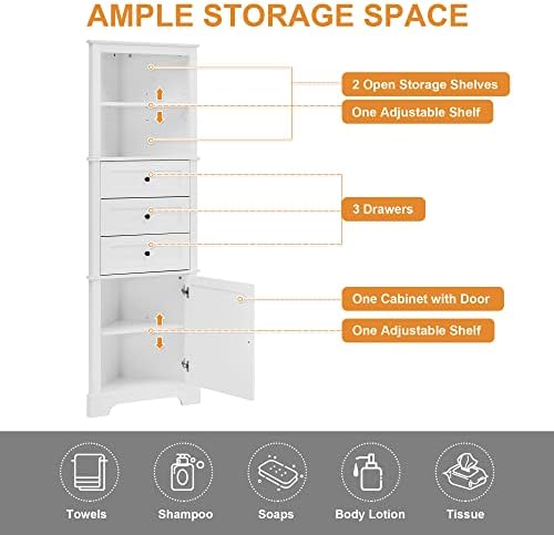 689 Inch Tall Triangle Corner Cabinet with 3 Drawers and Adjustable Shelf Freestanding Storage Cabinet White