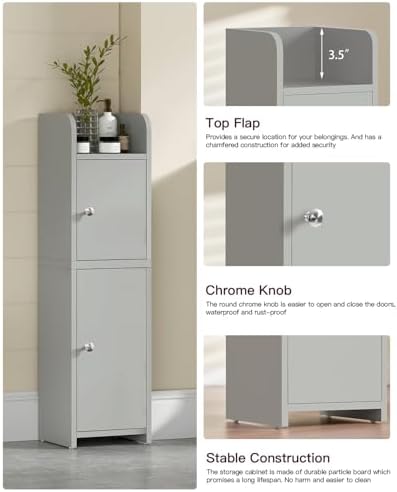 FIONESO Small Bathroom Storage Cabinet with Doors and Adjustable Shelves Grey