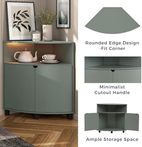 Berg Modern 31-inch LED Corner Cabinet with 2 Shelves 16 Colors USB Charge Cord Sage Green