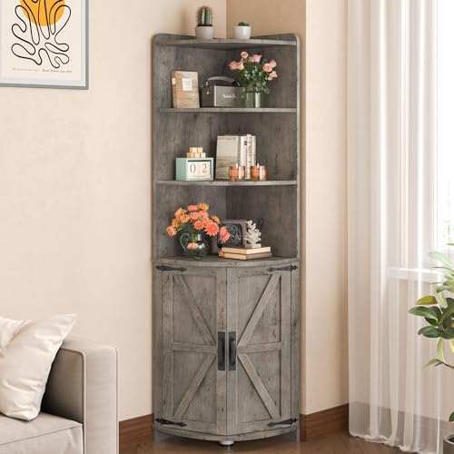 Halitaa Farmhouse Corner Cabinet with 6 Shelves and Barn Doors