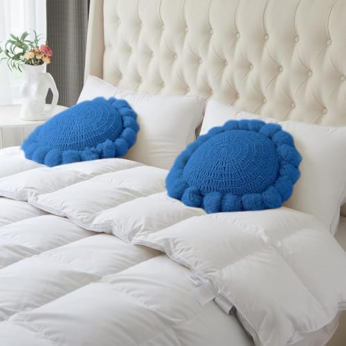 Boho Round Throw Pillow with Pom Poms Tassels 18 Inch Blue