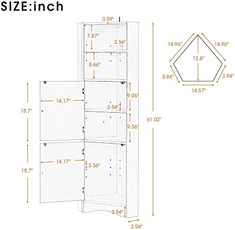 Tall Triangle Bathroom Cabinet with Doors and Adjustable Shelves Grey