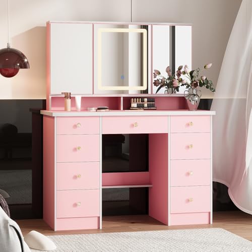 Timechee Vanity Mirror with 9 Drawers and 3 Color Lights