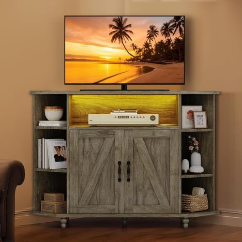 4 Ever Winner Corner TV Stand for 50 Inch TV Farmhouse Style with LED Light Open Storage Adjustable Shelves Grey