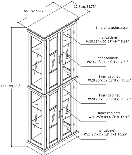 Tall Storage Cabinet with Adjustable Shelves and Lighted Glass Display