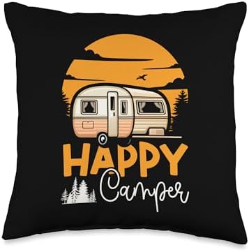 Motorhome Camping Throw Pillow with Happy Camper Design