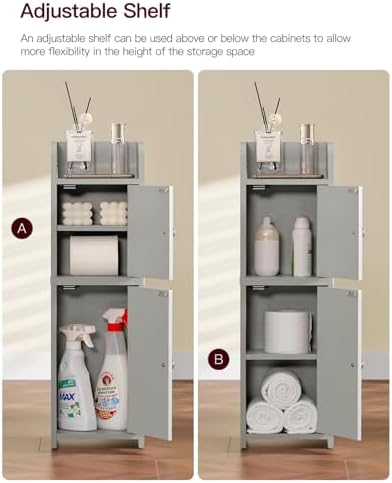 FIONESO Small Bathroom Storage Cabinet with Doors and Adjustable Shelves Grey