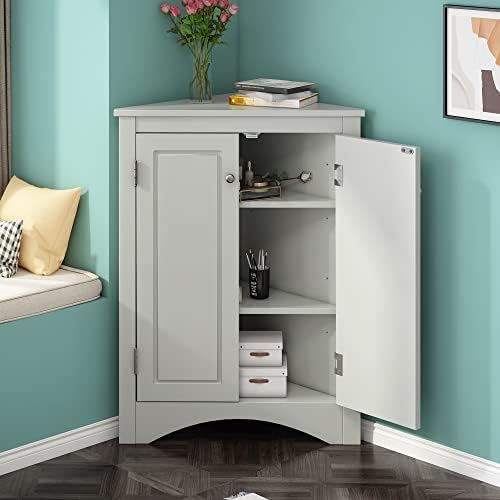 GDFStudio 315 Inch H Triangle Corner Storage Cabinet Grey