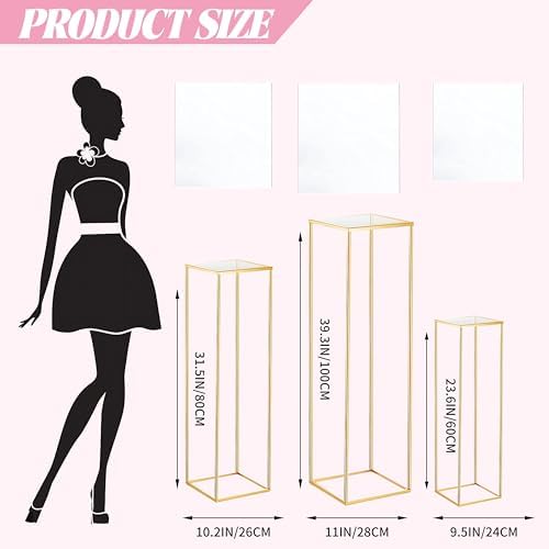 3PCS Square Gold Metal Cylinder Pedestal Stand for Party Decorations