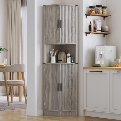 Maupvit 68 Inch Tall Corner Storage Cabinet with 4 Doors and 5 Shelves Rustic Gray